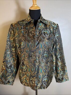 Vintage Brownstone Studio Black Teal Gold Silver Metallic Paisley Print Jacket